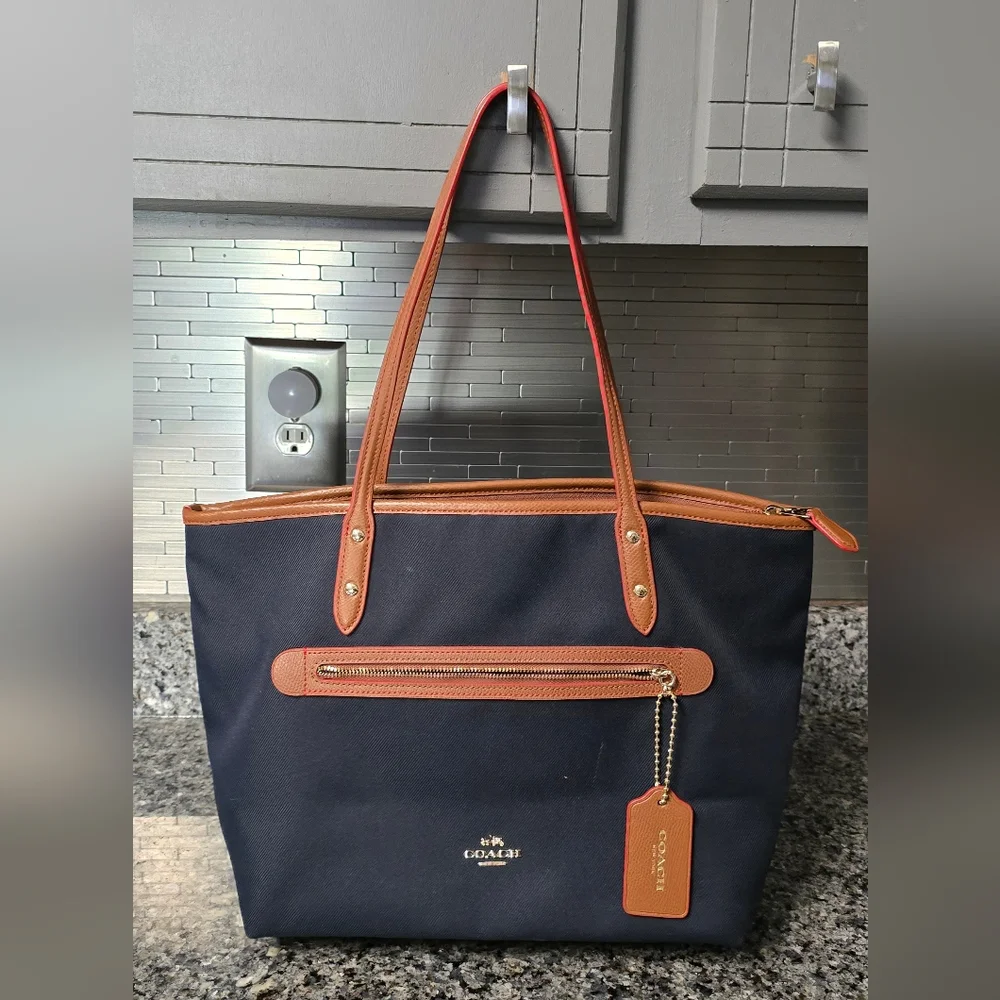 Coach Sawyer Canvas Tote, Navy color with Tan Leather Trim